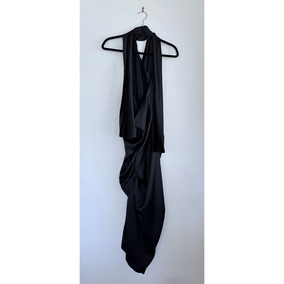 Arias New York Asymmetrical Draped Satin Crepe Halter Maxi Dress in Black Sz 12 - Picture 8 of 14